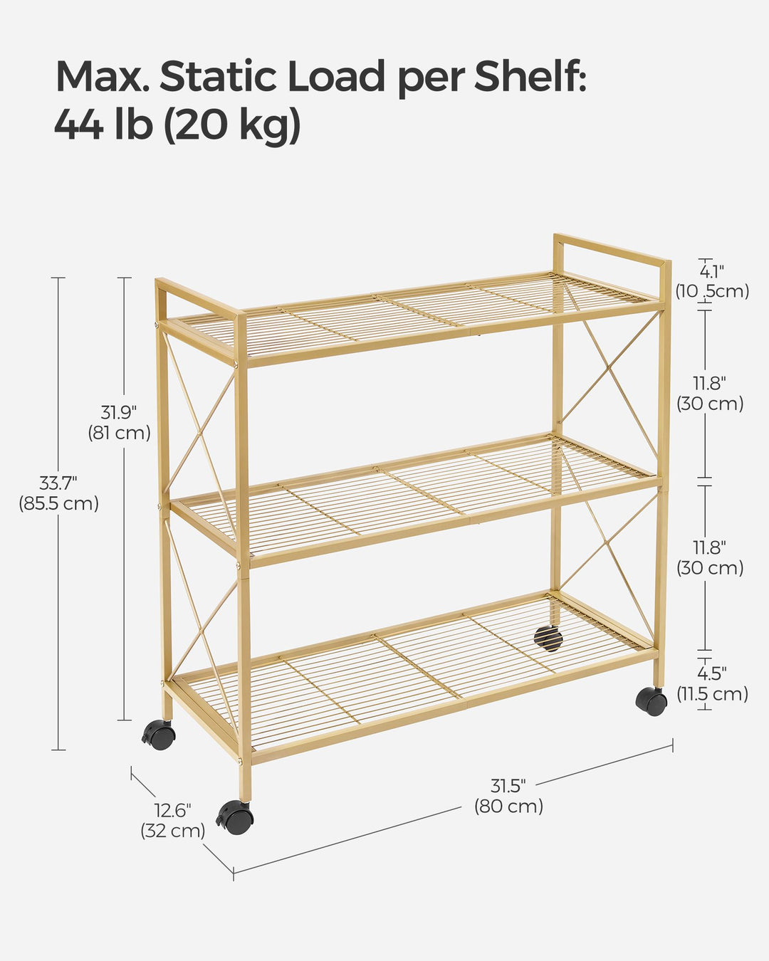 3-Tier Metal Storage Rack with Wheels, Mesh Shelving Unit with X Side Frames, 31.5-Inch Width - Metallic Gold