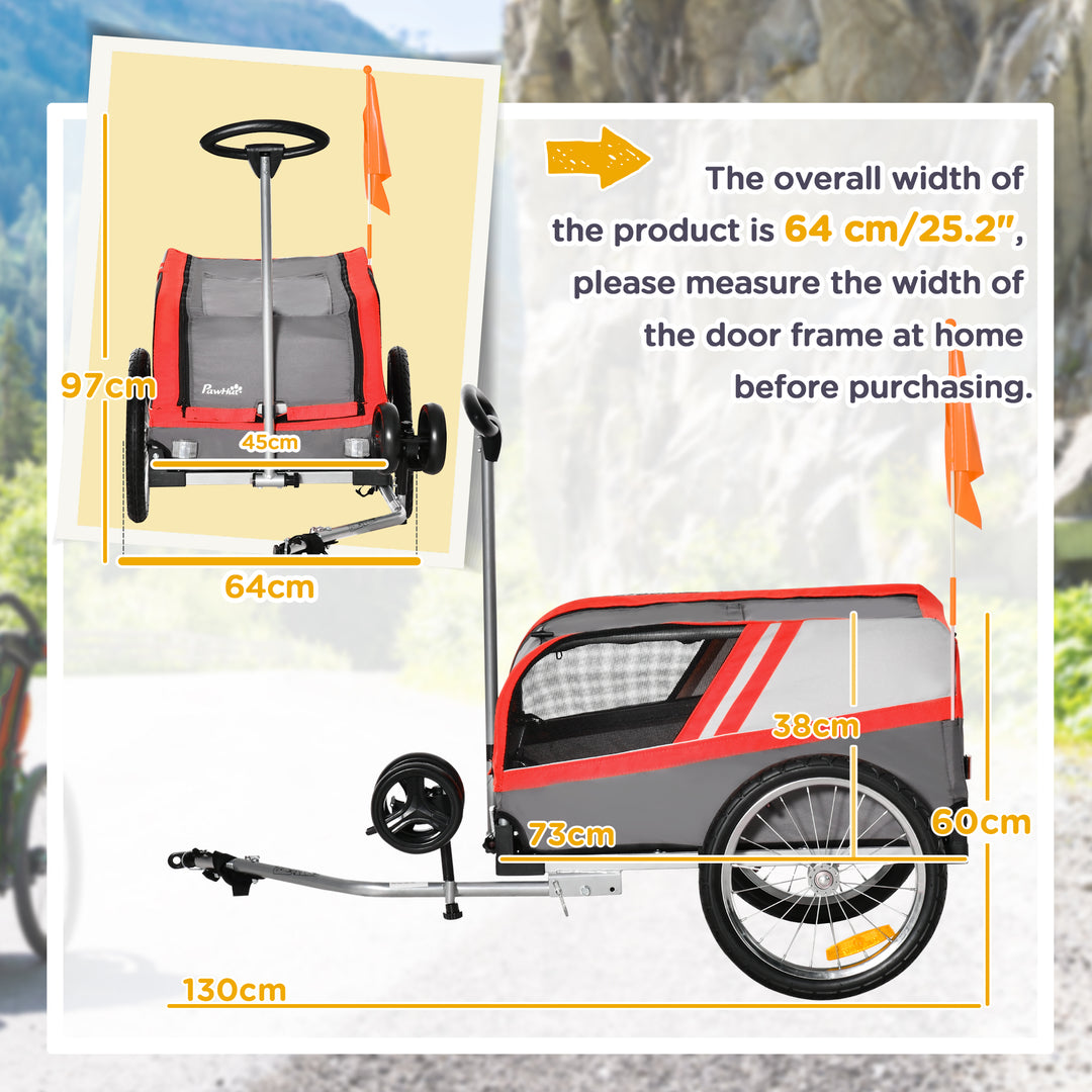 PawHut Dog Bike Trailer Two-In-One Trolley Stroller Cart Bicycle Carrier for Cat Puppy Travel w/ Reflectors Red Flag – Red