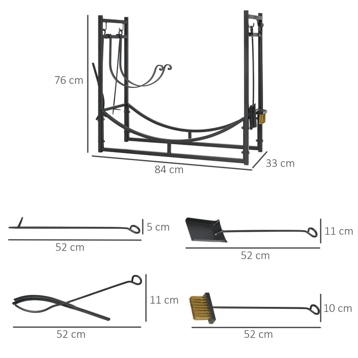 Outsunny Firewood Stand Log Rack Holder 84cm with 4-PC Fireplace Tools Set, Indoor Outdoor, Metal, Black