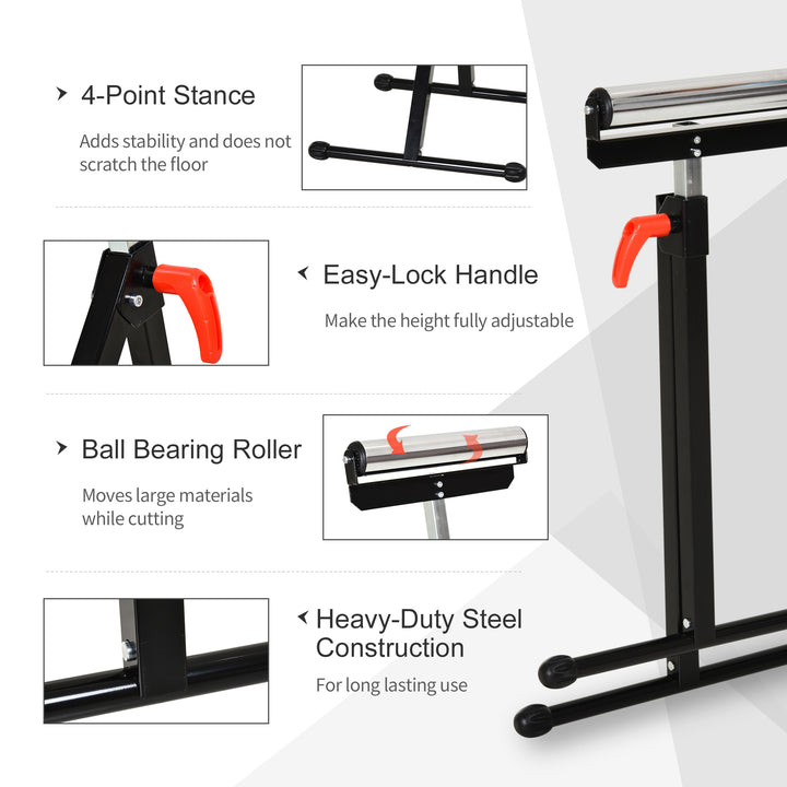 Folding Roller Stand, Material Support Pedestal with Ball Bearing Roller Height Adjustable Portable, Metal Construction, Black