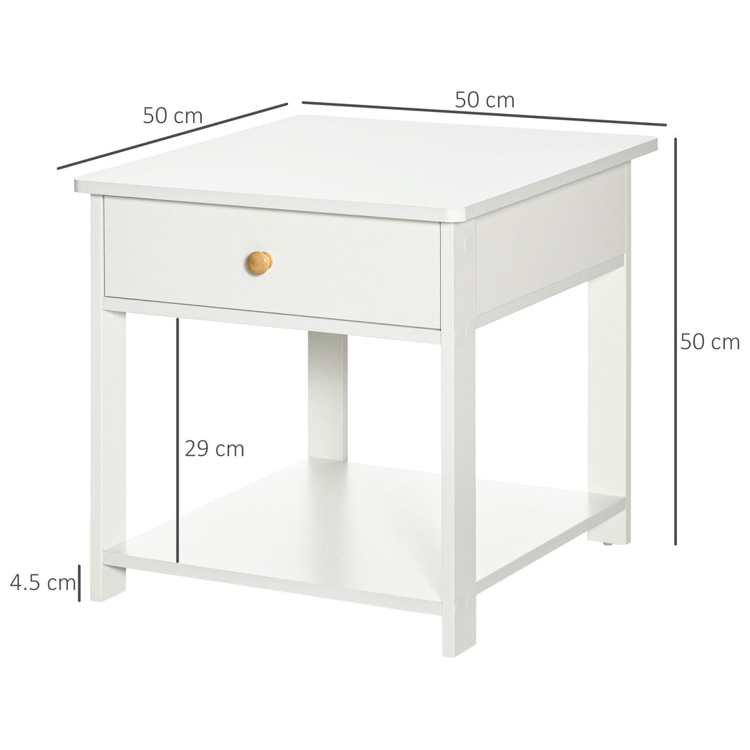 Bedside Table with Drawer and Bottom Shelf, Square Side End Table for Bedroom, Living Room, White