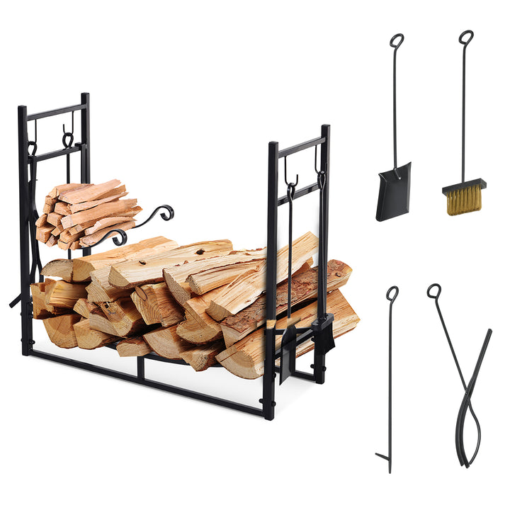 Outsunny Firewood Stand Log Rack Holder 84cm with 4-PC Fireplace Tools Set, Indoor Outdoor, Metal, Black