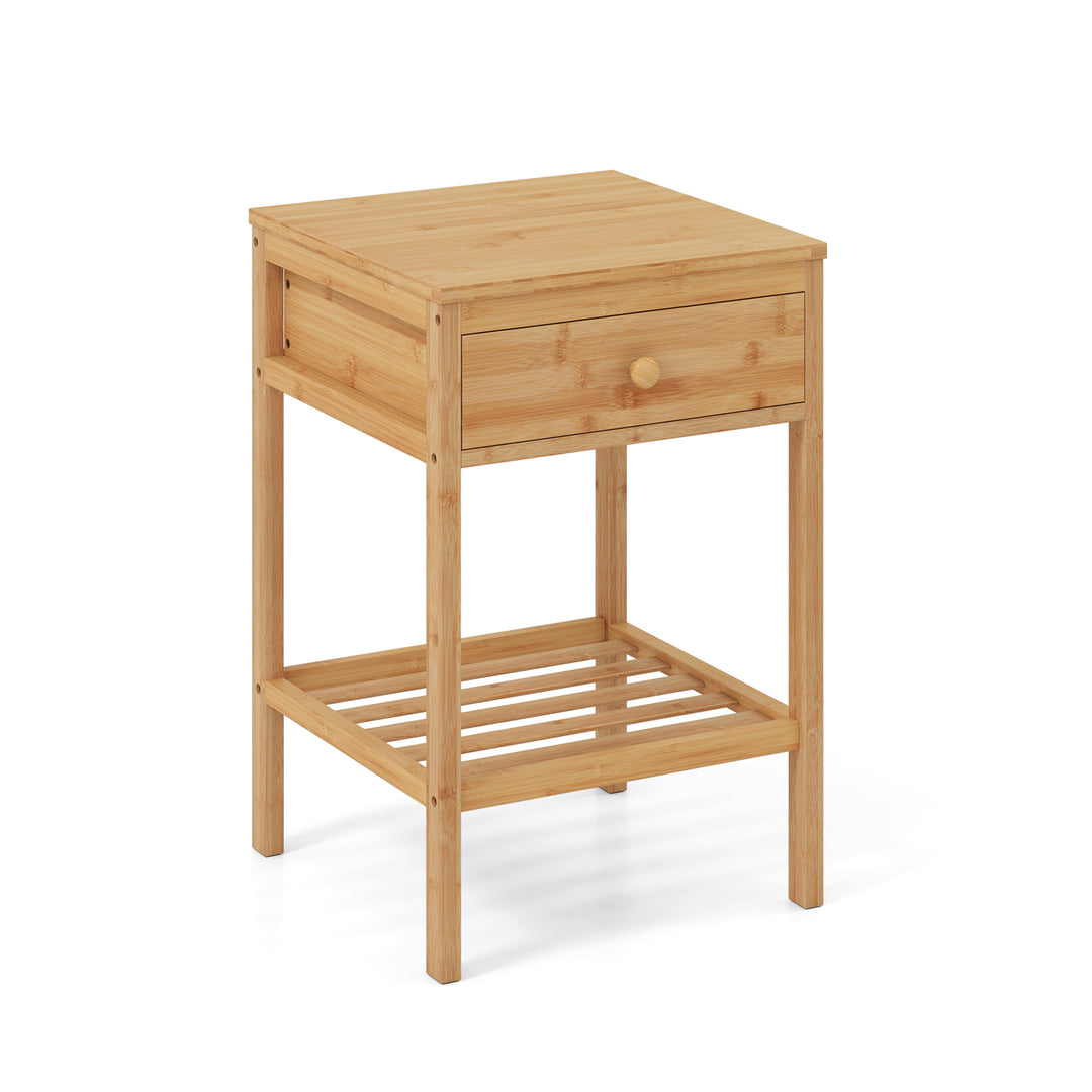 Bamboo Nightstand Bedside Table with Drawer and Open Storage Shelf-Natural