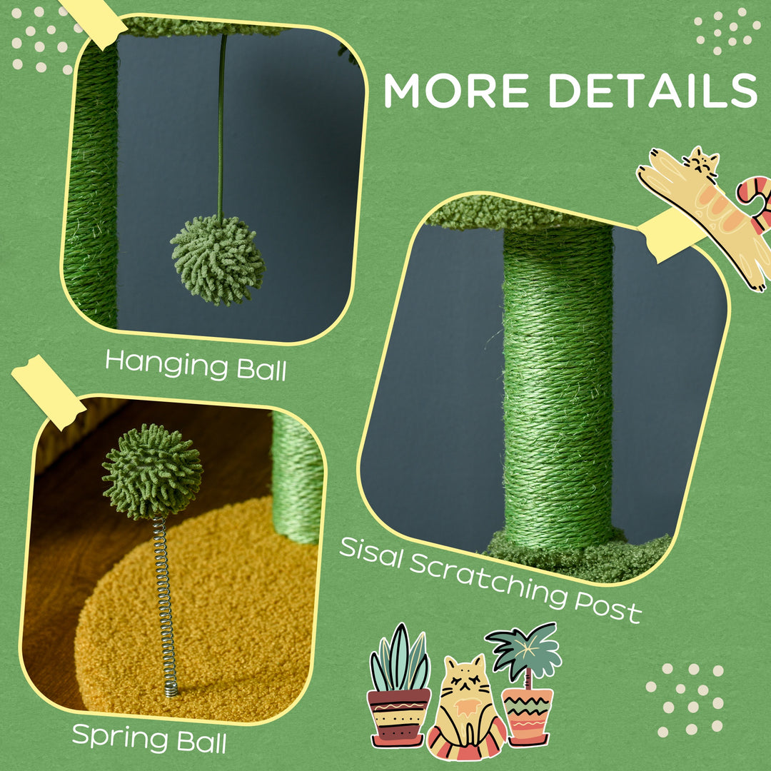 82cm Chenille Cactus Cat Tree with Scratching Post, Hammock, Green