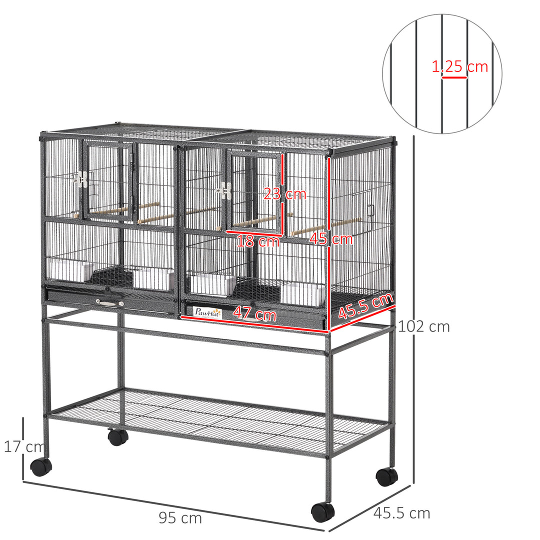 Double Rolling Metal Bird Cage Parrot Cage with Removable Metal Tray, Storage Shelf with Food Container