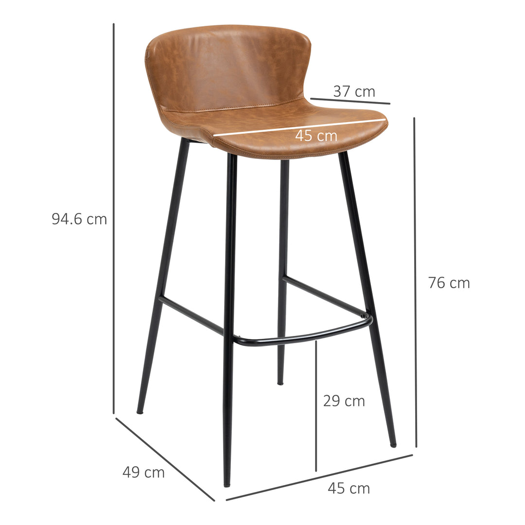 Bar Stools Set of 2, PU Leather Upholstered Bar Chairs, Kitchen Stools with Backs and Steel Legs for Dining Room, Brown