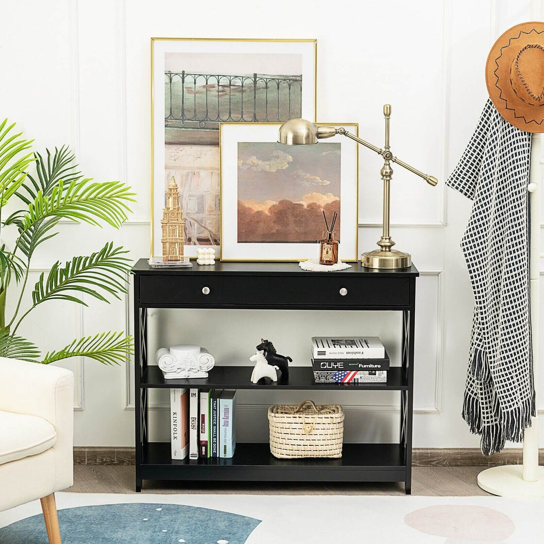 3-Tier Console Table with 1 Drawer and 2 Storage Shelves-Black