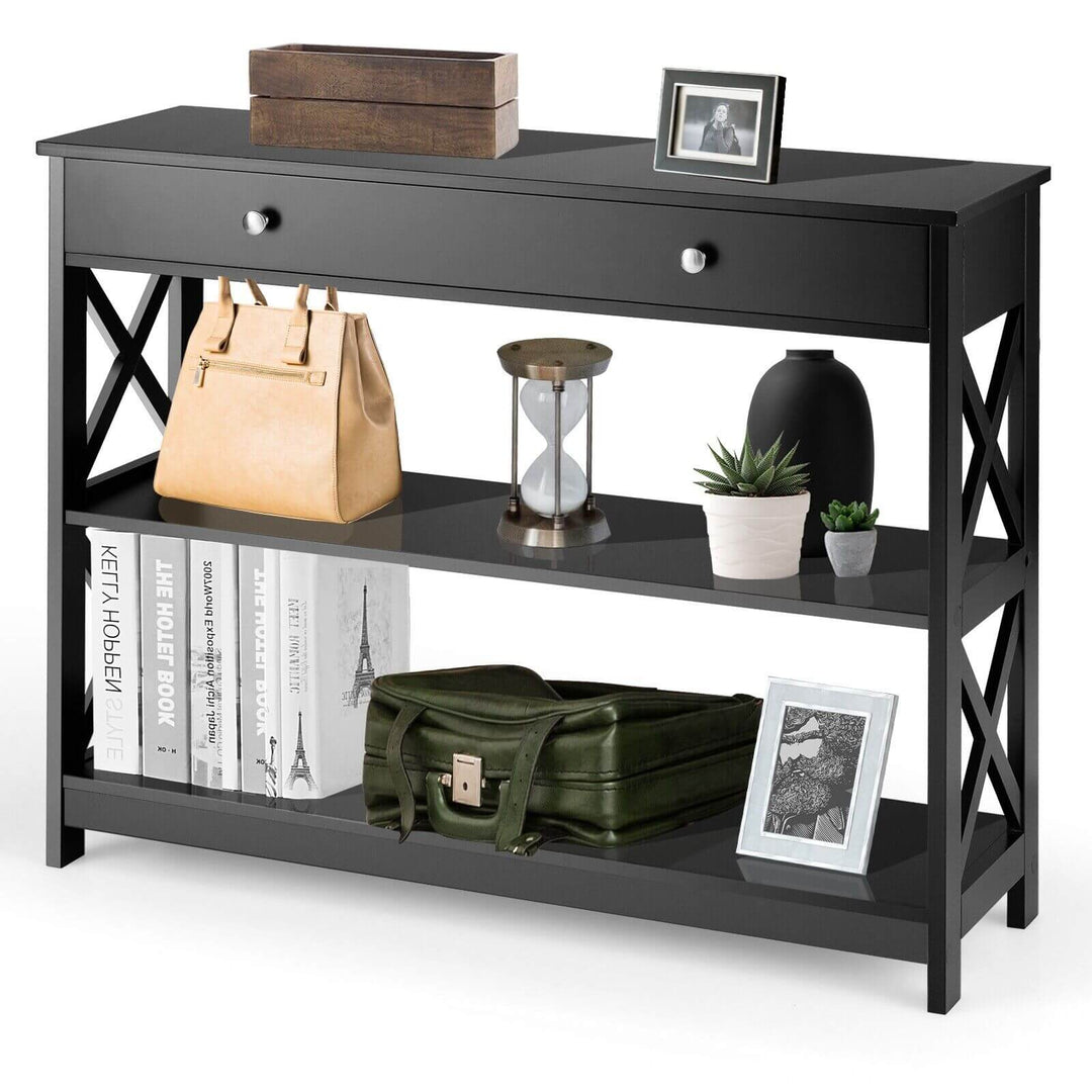 3-Tier Console Table with 1 Drawer and 2 Storage Shelves-Black