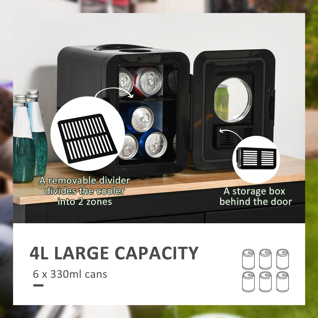 4 L/6 Can Mini Fridge, AC+DC Portable Cooler &amp; Warmer for Skincare, Makeup, Cosmetics, Food, for Bedroom, Home, Caravan, Car, Black
