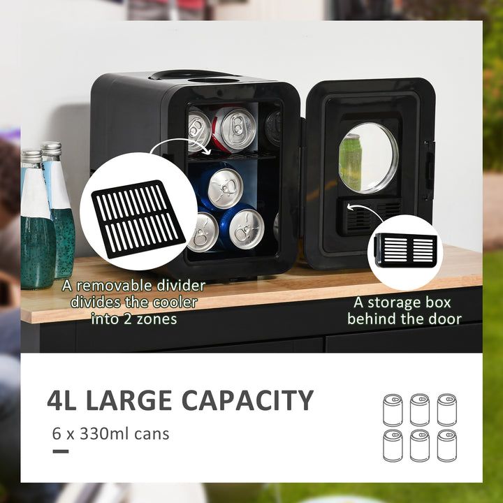 4 L/6 Can Mini Fridge, AC+DC Portable Cooler &amp; Warmer for Skincare, Makeup, Cosmetics, Food, for Bedroom, Home, Caravan, Car, Black