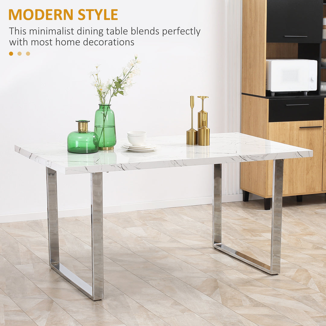 Modern Dining Room Table Rectangular Kitchen Table for 6-8 People with Marble Effect Tabletop Steel Legs 155 cm White