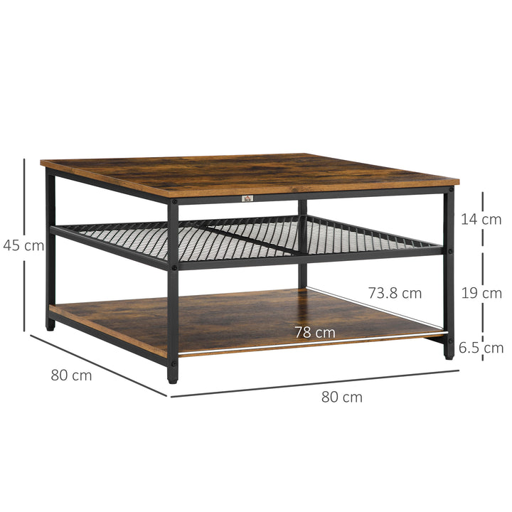 HOMCOM Industrial Coffee Table, Square Cocktail Table with 3-Tier Storage Shelves for Living Room, Rustic Brown