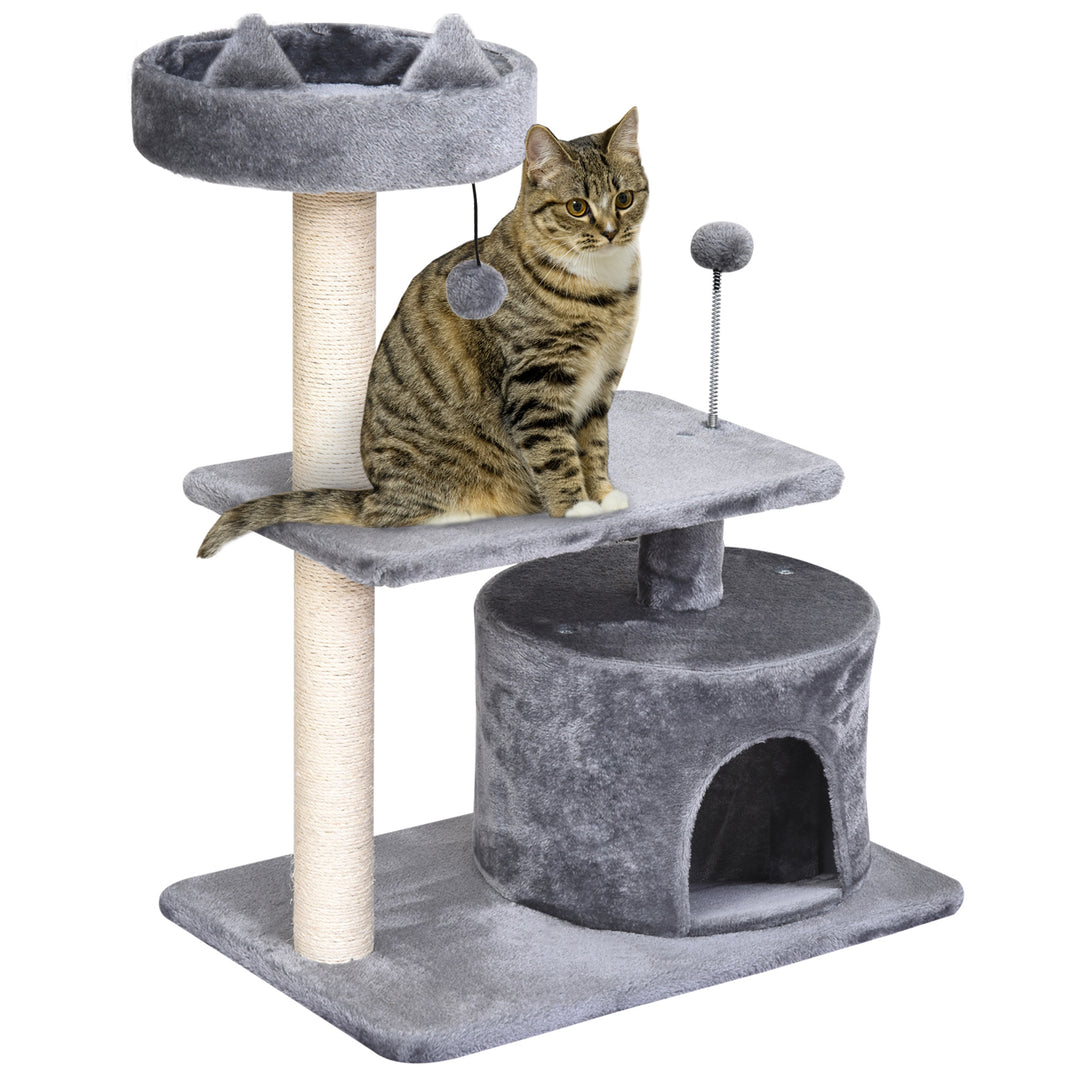 PawHut Cats 3-Tier Sisal Rope Scratching Post w/ Toys Grey