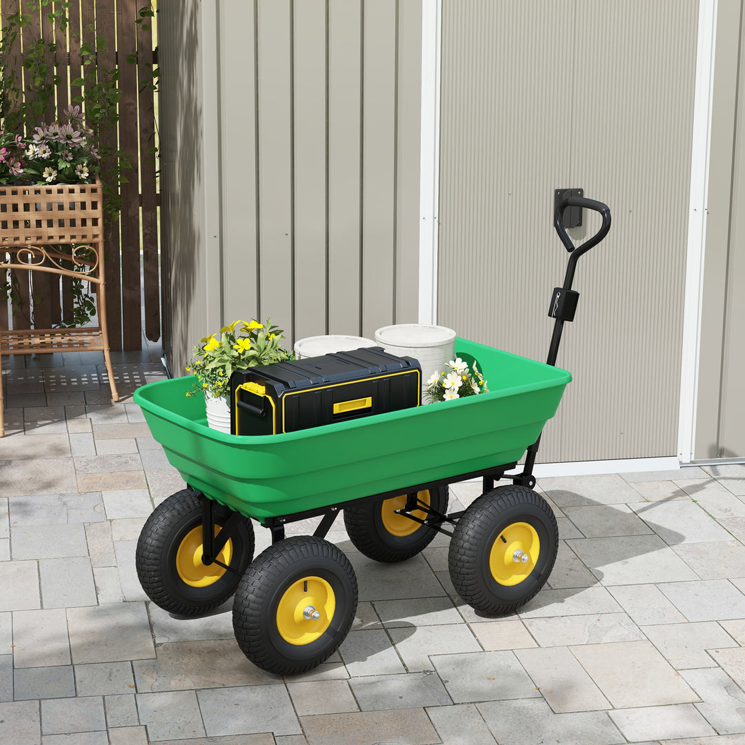 Outsunny 125 Litre Large Garden Cart Heavy Duty 4 Wheel Trolley Dump Wheelbarrow Tipping Truck Trailer - Green