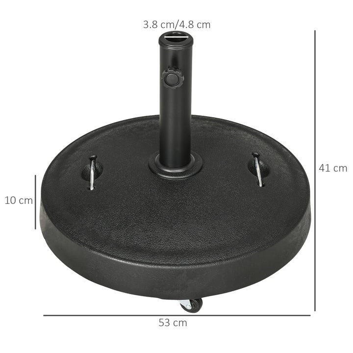 Resin Garden Parasol Base with Wheels and Retractable Handles, Round Outdoor Market Umbrella Stand Weight for Poles of Φ38 - Φ48mm, Black