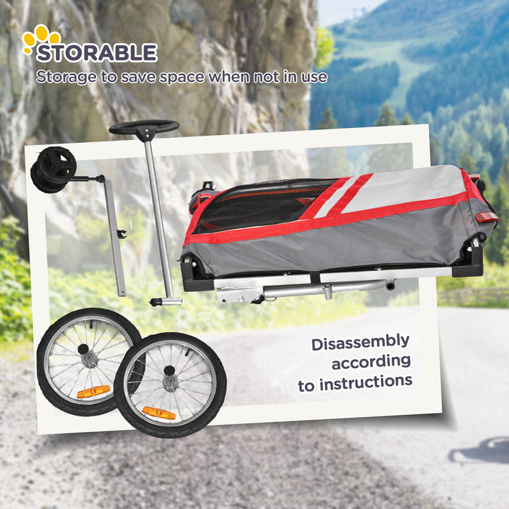PawHut Dog Bike Trailer Two-In-One Trolley Stroller Cart Bicycle Carrier for Cat Puppy Travel w/ Reflectors Red Flag – Red