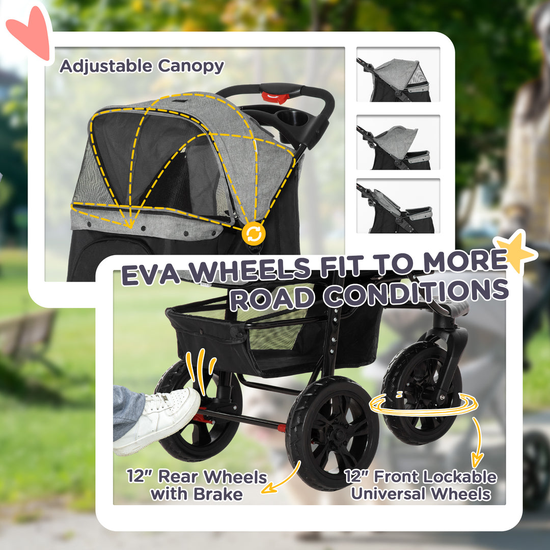 PawHut Dog Pushchair Folding Pet Stroller 3 Wheel Dog Jogger Travel Carrier Adjustable Canopy Storage Brake Mesh Window Grey