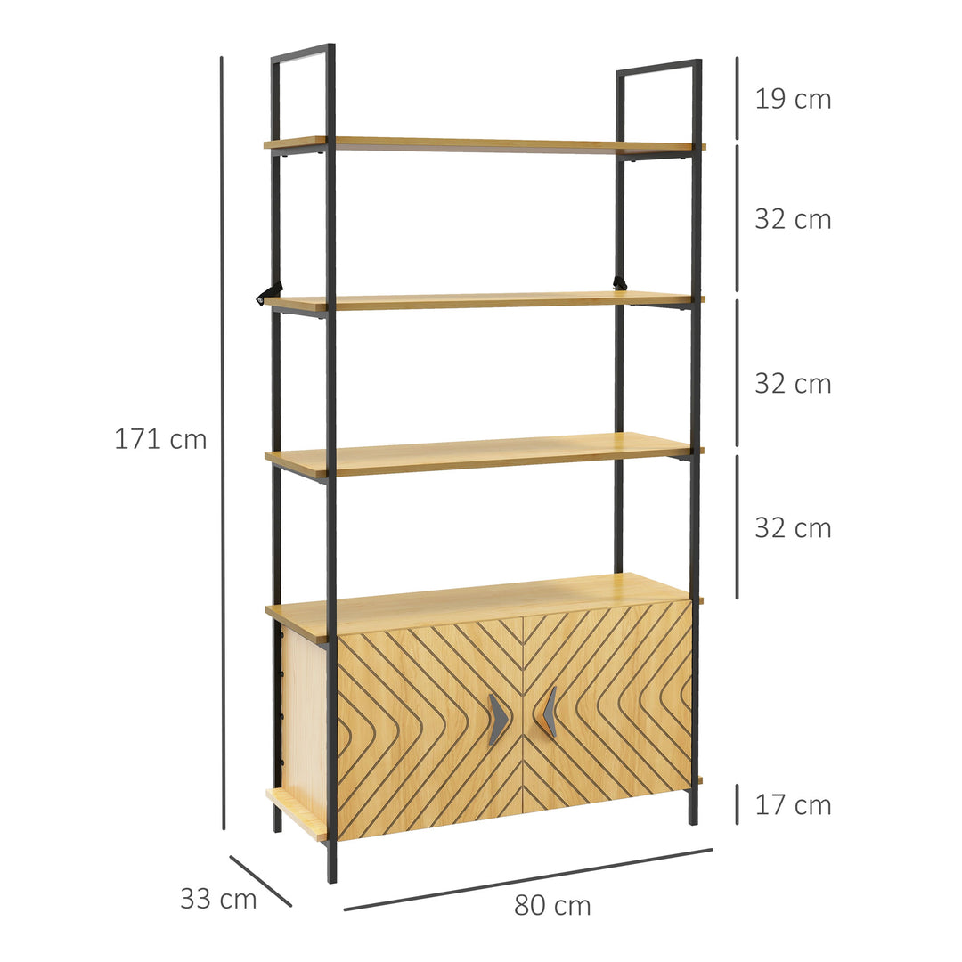 Industrial Bookshelf 4-Tier Shelving with Double Door Cabinet and Metal Frame for Living Room, Bedroom, Oak Tone