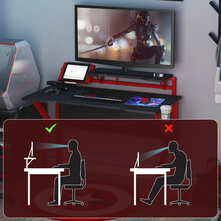 Gaming Desk Computer Table Stable Metal Frame Adjustable Feet w/ Cup Holder Headphone Hook, Cable Basket - Red