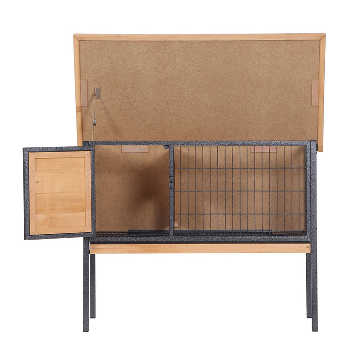 Wooden Guinea Pigs Hutches Elevated Pet House Bunny Cage with Slide-Out Tray Lockable Door Outdoor Openable Roof 91.5 x 45 x 70cm Natural Wood