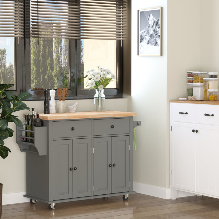 Rolling Kitchen Island Storage Trolley with Rubber Wood Top & Drawers for Dining Room, Grey