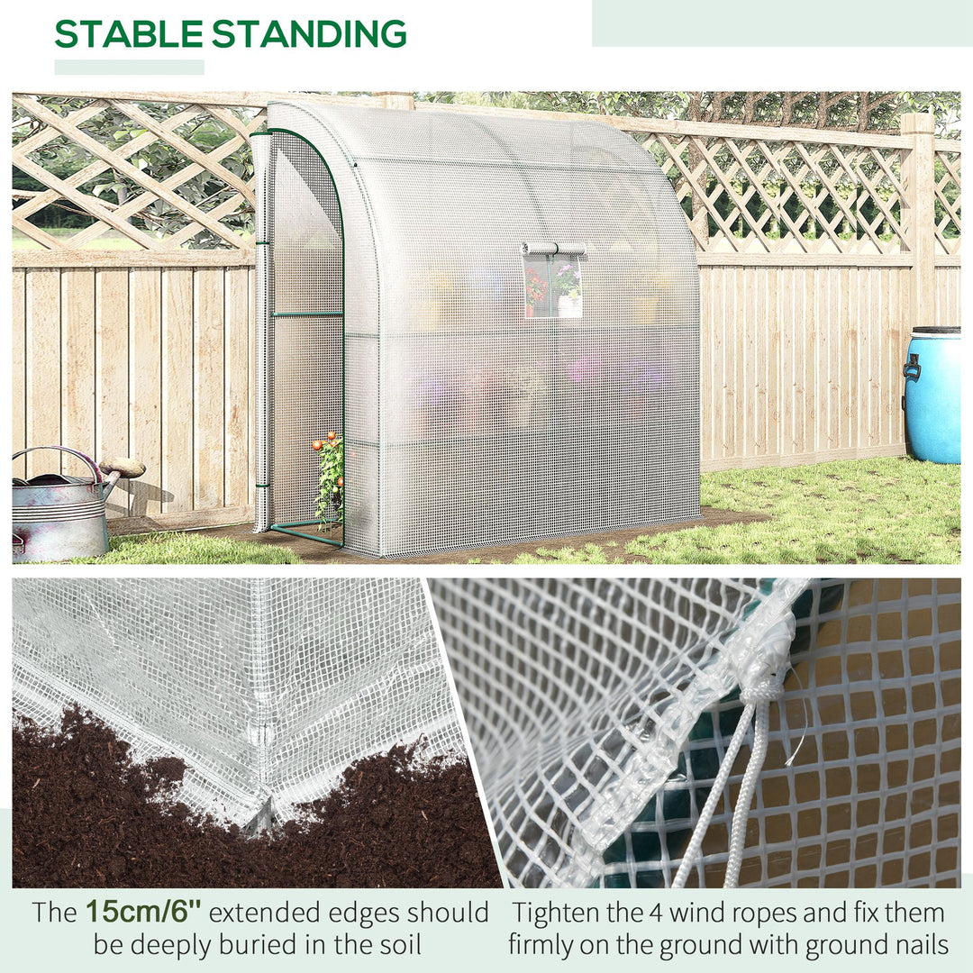 Outsunny Walk-In Lean to Polytunnel Greenhouse with Windows and Doors 2 Tiers 4 Wired Shelves 200L x 100W x 215Hcm White
