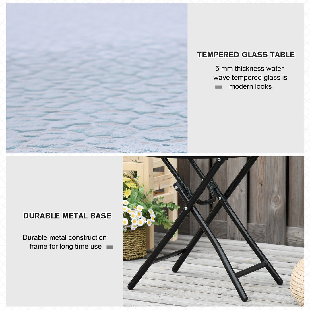 Foldable Garden Table, Round Folding Table with Glass Tabletop and Safety Buckle for Patio, Garden, Outdoor, Indoor, Black