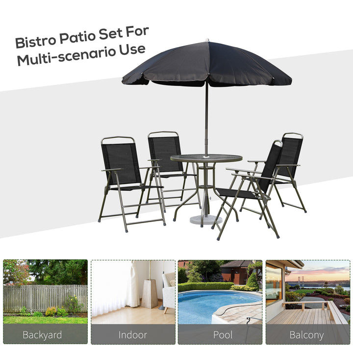 6 PCs Garden Patio Furniture Set Bistro Set Texteline Folding Chairs +Table +Parasol (Black)