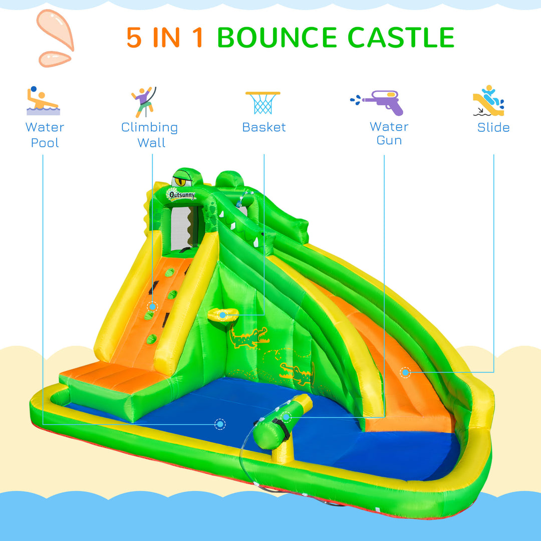 Outsunny 5 in 1 Kids Bouncy Castle Large Crocodile Style Inflatable House Slide Basket Water Pool Climbing Wall for Kids Age 3-8, 3.85 x 2.85 x 2.25m