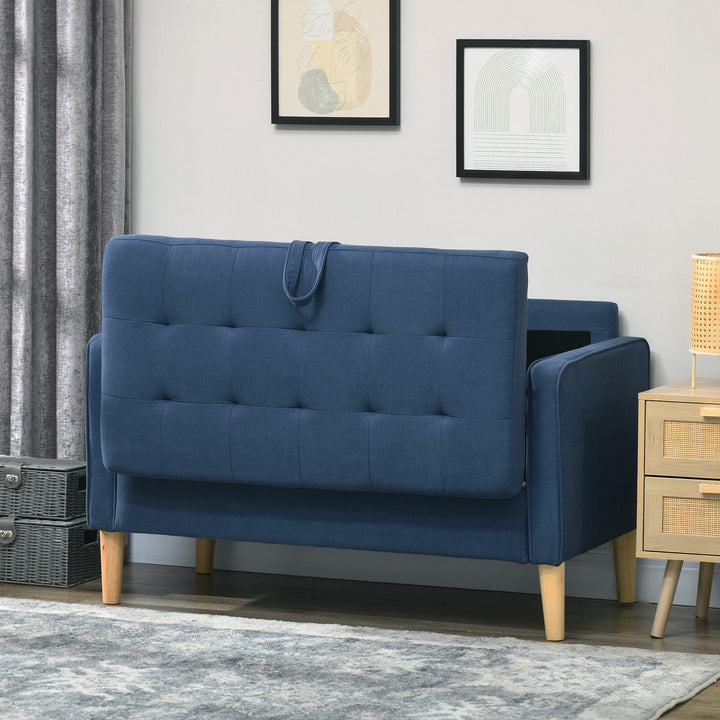 Modern Loveseat Sofa, Compact 2 Seater Sofa with Hidden Storage, 117cm Tufted Cotton Couch with Wood Legs, Blue