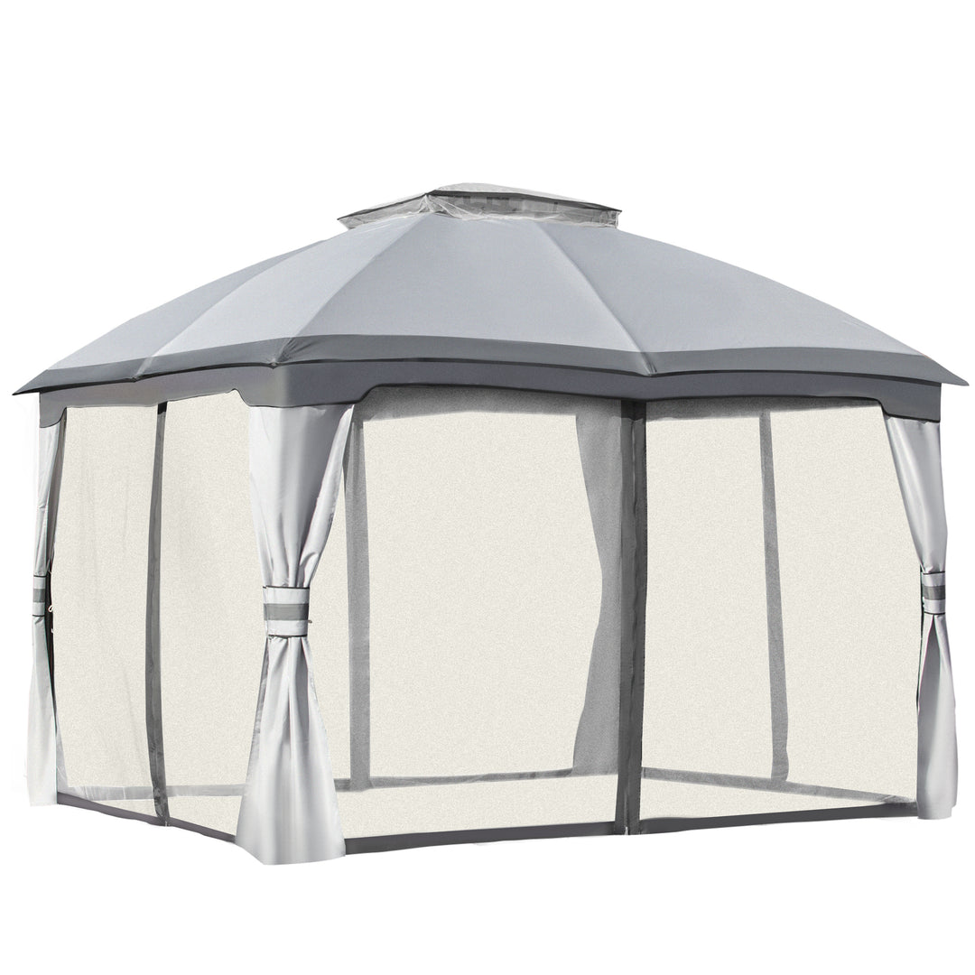 Outsunny 3.7 x 3(m) Metal Gazebo Canopy Party Tent Garden Patio Shelter with Netting Sidewalls & Double Tiered Roof, Grey