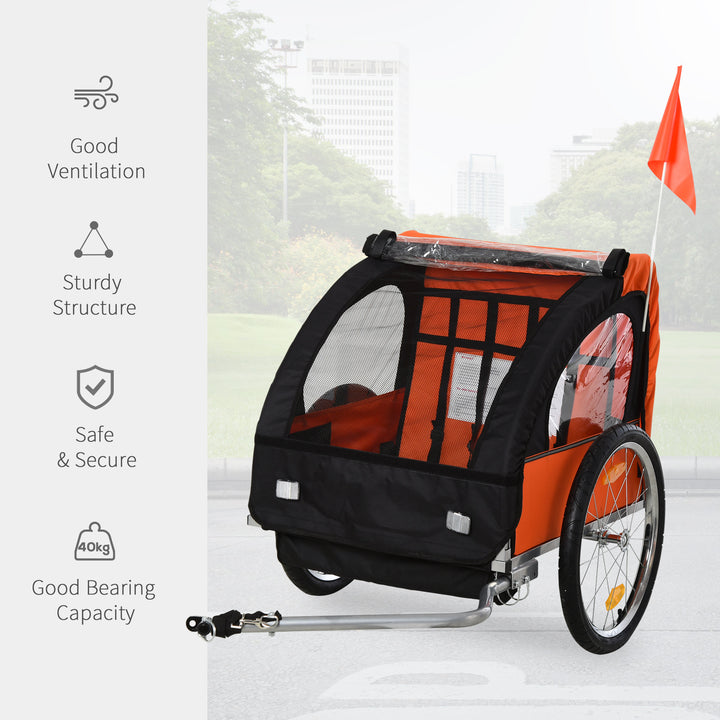 2 Seat Bike Trailer Bicycle wagon for Kids Child Steel Frame Safety Harness Seat Carrier Orange Black 130 x 76 x 88 cm