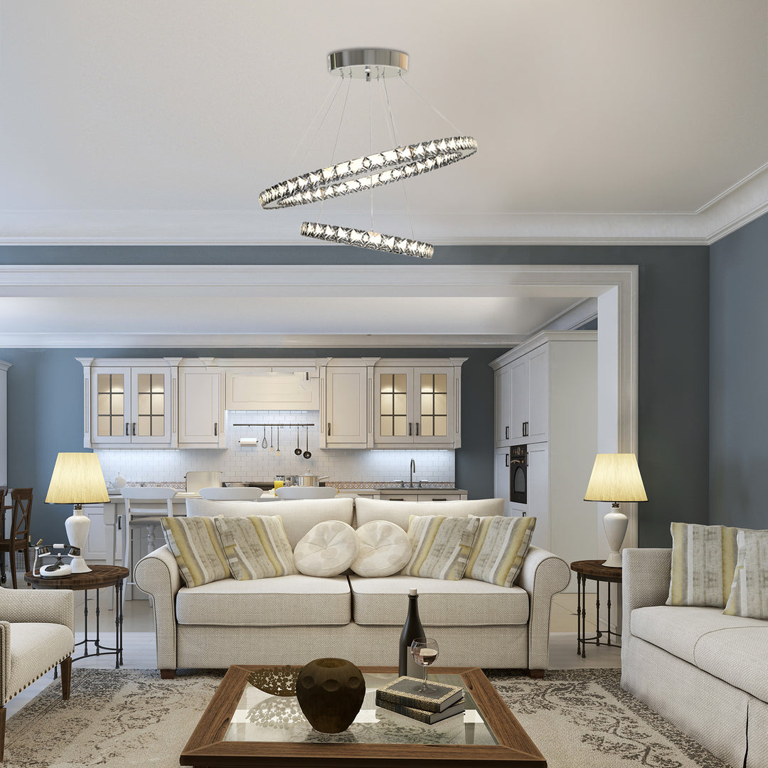 Modern LED Chandelier with 2 Crystal Rings, Dimmable Pendent Ceiling Light Cool Warm White with Adjustable Cable Remote Controller, Silver
