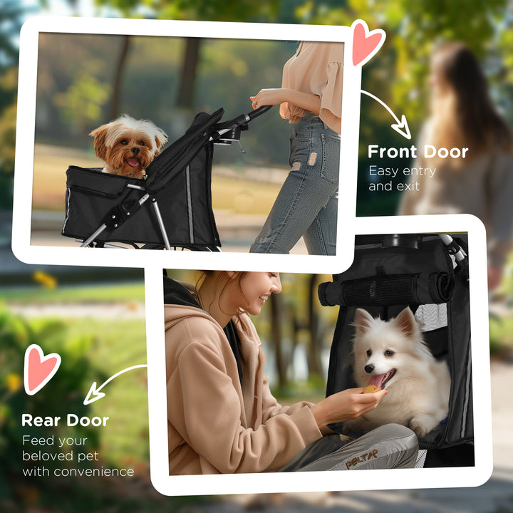 PawHut Pet Stroller Dog Pushchair Foldable Travel Carriage for Small Miniature Dogs Cats w/ Zipper Entry Cup Holder, Black