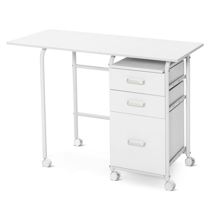 Folding Computer Desk w/ Rolling Wheels and 3 Drawers-White