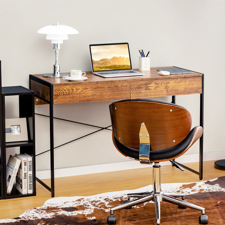 Wooden Study Computer Desk with 2 Drawers-Rustic Brown