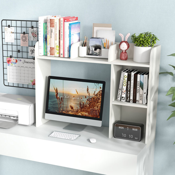 Wooden Desk Bookshelf with 4 Shelves and Open Back Compartment-White