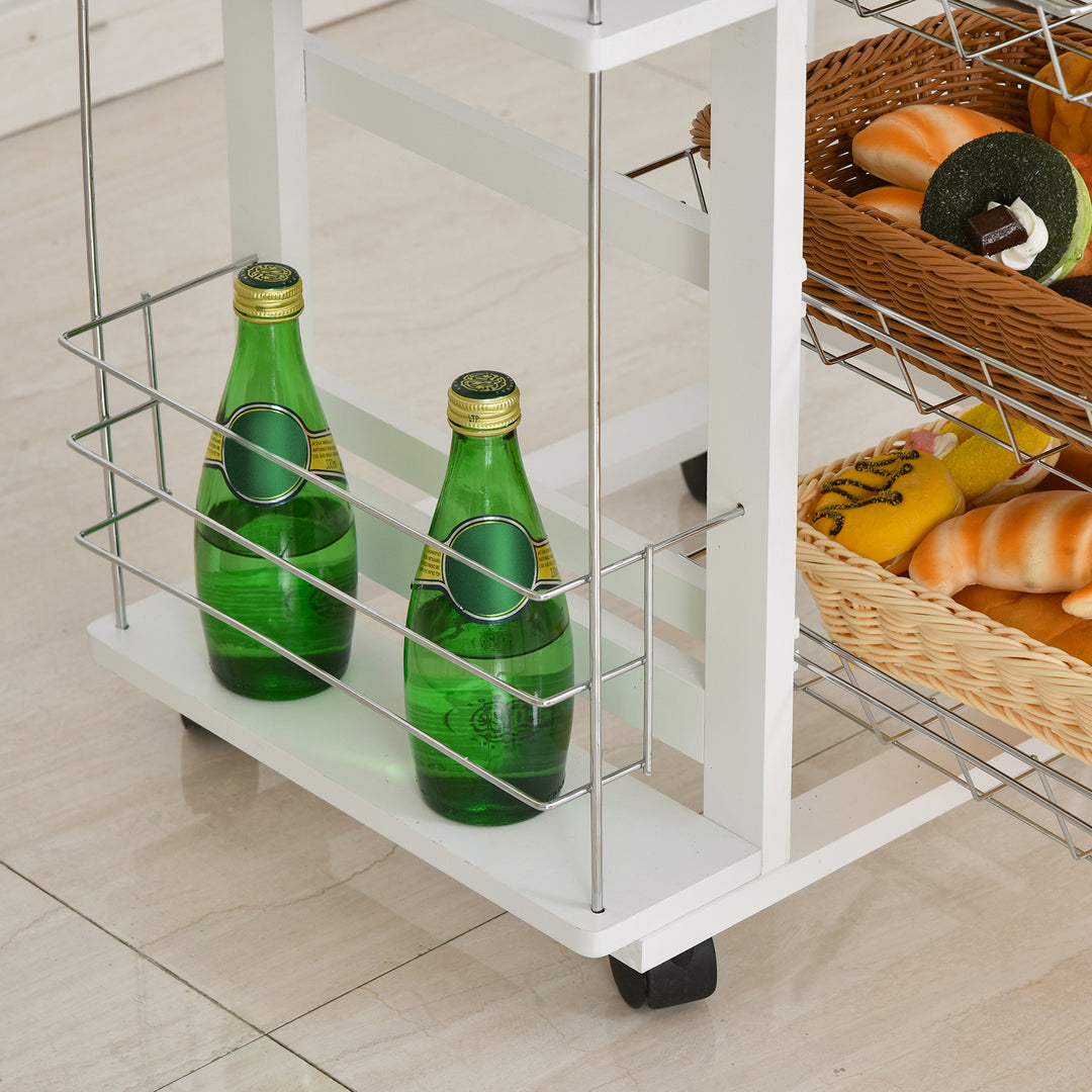 Multi-Use Kitchen Island Trolley w/ 4 Baskets 2 Side Racks Drawer Worktop 4 Wheels Worktop Food Storage Smooth Rolling Compact Furniture White