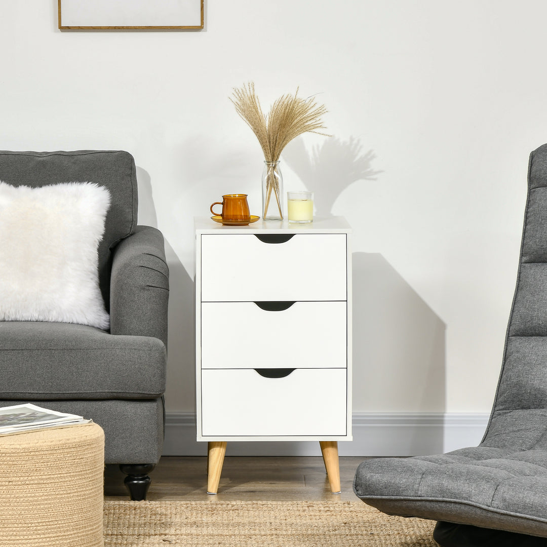 Bedroom 3-Drawer Bedside Unit with Wood Legs and Cut-out Handles, White