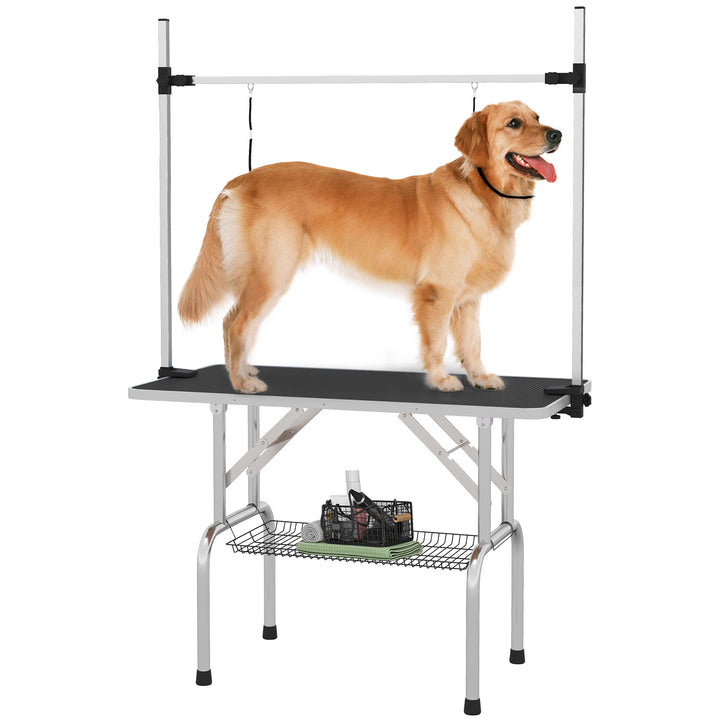 PawHut Adjustable Dog Grooming Table Rubber Top 2 Safety Slings Mesh Storage Basket Heavy Metal Black 107 x 60 x 170cm