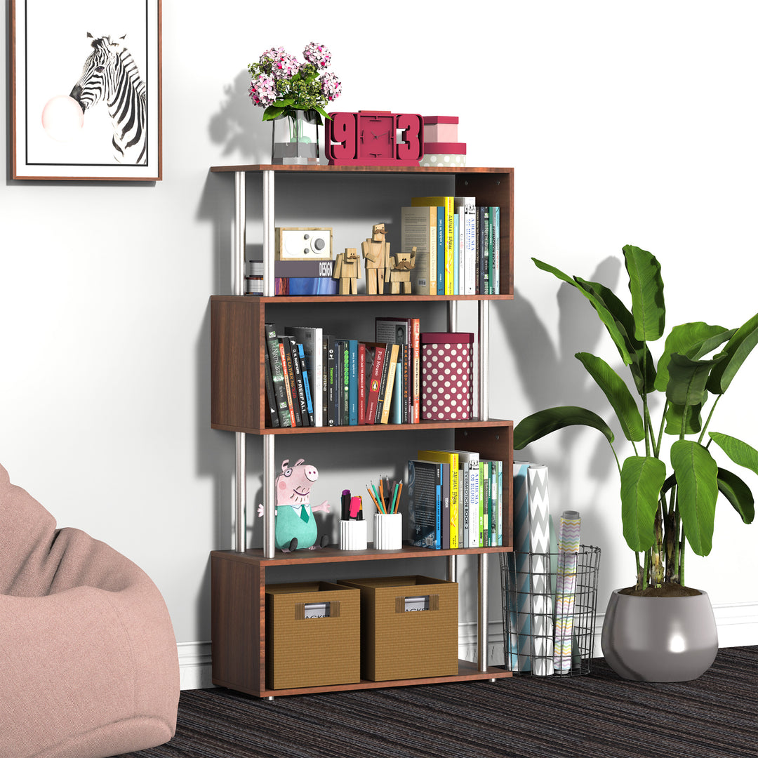 4-Tires Wooden Bookcase S Shape Storage Bookshelf Display for Living Room, Bedroom, Office with Steel Frame, Walnut