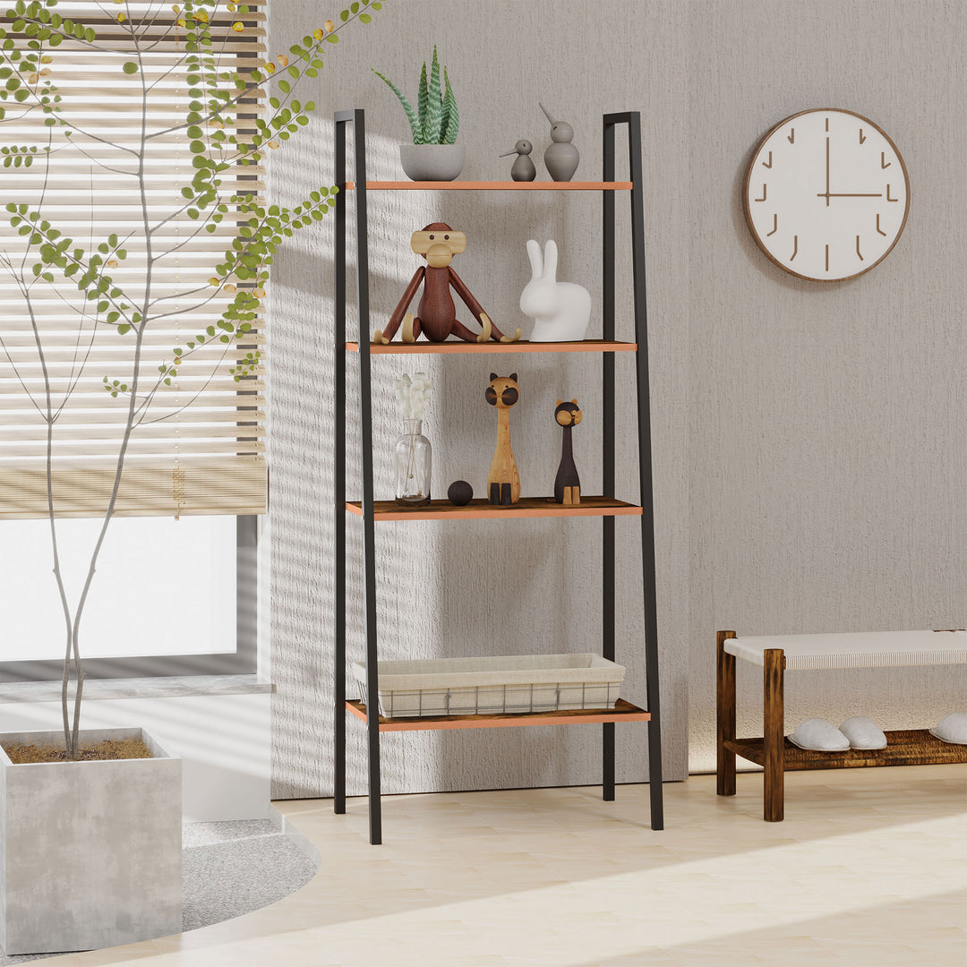 4-Tier Vintage Ladder Shelf Bookcase Wood Storage Rack Stand Plants Display Black brown