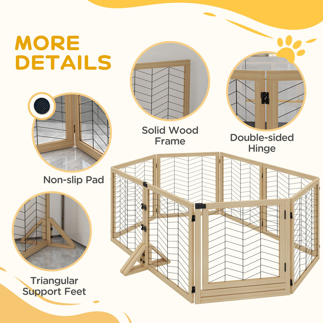 8 Panels Foldable Pet Playpen with Support Feet, Small and Medium Dogs - Natural Wood Finish