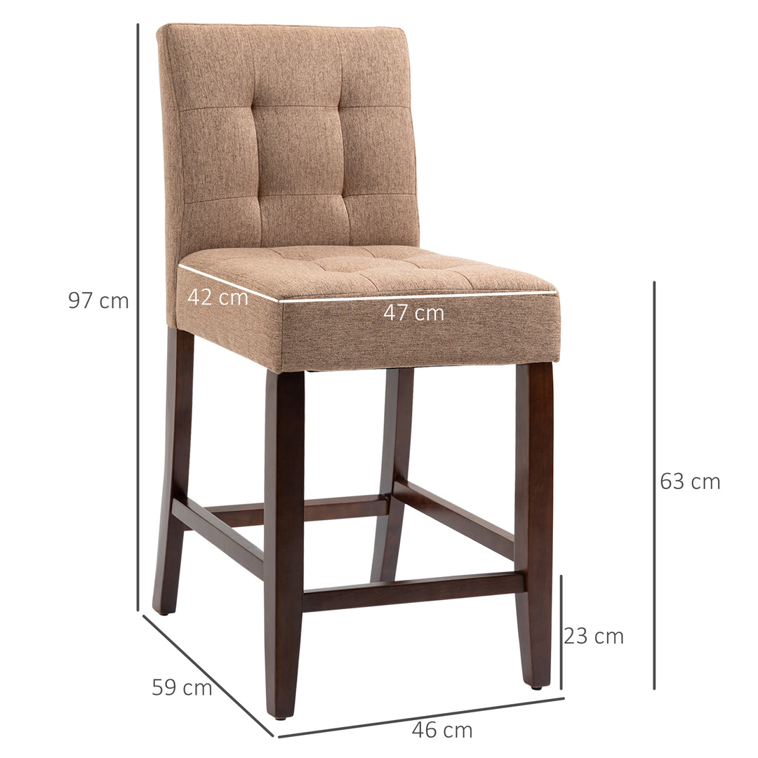 Modern Fabric Bar Stools Set of 2, Thick Padding Kitchen Stool, Bar Chairs with Tufted Back Wood Legs, Brown