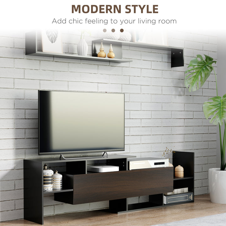 HOMCOM Modern TV Cabinet with Wall Shelf, TV Unit with Storage Shelf and Cabinet, for Wall-Mounted 65" TVs, Living Room Bedroom, Black and Dark Brown