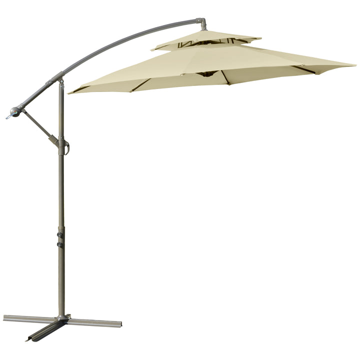 Outsunny 2.7m Garden Banana Parasol Cantilever Umbrella with Crank Handle, Double Tier Canopy and Cross Base for Outdoor, Hanging Sun Shade, Beige