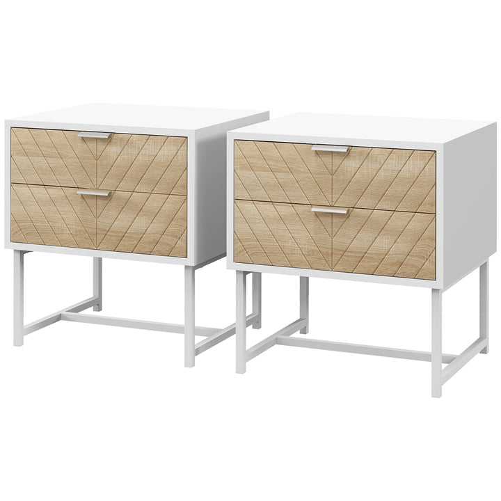 Modern Bedside Table with 2 Drawers and Metal Frame, Sofa Side Table for Bedroom Living Room, Set of 2, White and Oak