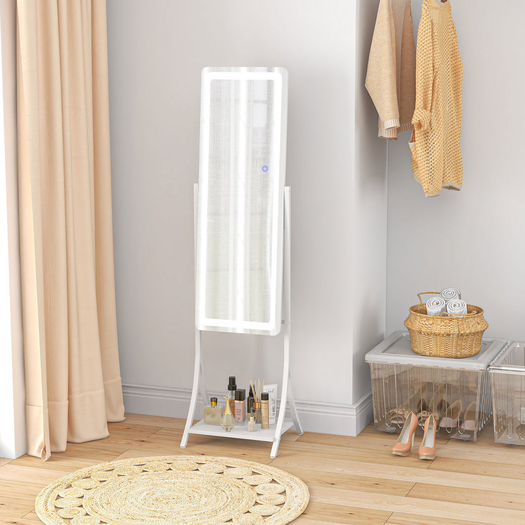 Free Standing Dressing Mirror with LED Lights, Full Length Mirror with 3 Temperature Colours and Storage Shelf