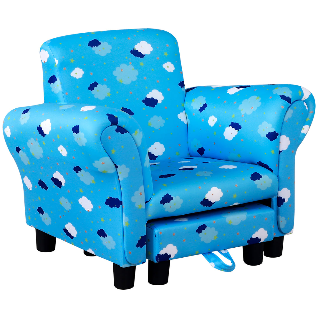 Childrens Sofa Mini Sofa Wood Frame w/ Footrest Anti-Slip Legs High Back Arms Bedroom Playroom Furniture Cute Cloud Star Blue