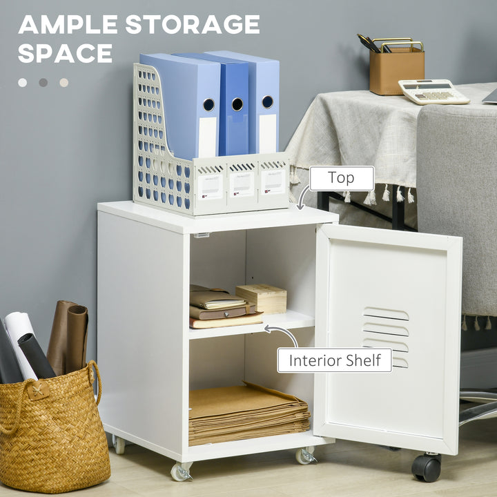 Industrial Style Printer Table, Rolling End Side Table with Wheels &amp; Metal Door - White